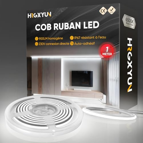 HRGXYUN 230V COB LED Streifen Aussen, 240 LEDs IP67 Wasserdicht Selbstklebend, Bande LED 900LM Ohne Trafo Flexible Kürzbar für Zimmer und Außen Dekoration Beleuchtung, 6500K Kaltweiß, 1m