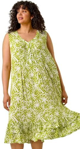 Roman Curve Palm Print Pleated V-Neck Dress for Women UK - Ladies Everyday Holiday Spring Summer V-Neckline Comfy Soft Evening Vacation Work Party - Green Plus - Size 20