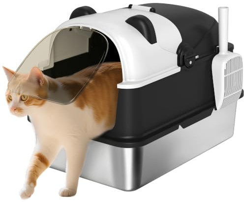 PawHut XL Stainless Steel Litter Box with Lid for Big Cats Panda Style