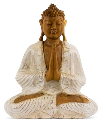 G6 Collection Ruhige sitzende Buddha-Statue aus Holz, handgefertigt, meditierende Skulptur, Heimdekoration, Akzent, Holz, handgeschnitzt, modern, zeitgenössisch, orientalisch, Buddha Anjali Mudra