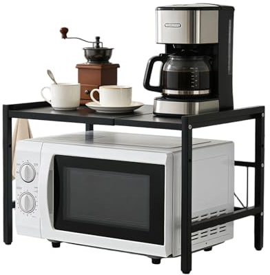 Brstheco Mikrowellen Regal 2-Stufig Stahl Stehendes Küchenregal Verstellbar Erweiterbares Platzsparendes Mikrowellenregal mit 6 Haken für Arbeitsplatte Küche Schwarz