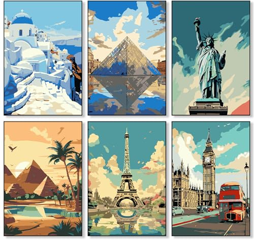mobumeia 6 Pièces Peinture Numero Adulte, DIY Paysage Urbain Peinture à l'huile par Numéros Kits, Ensemble de Peinture à l'huile Peinte à la Main pour Adultes et Débutants- Sans cadre - 25x35