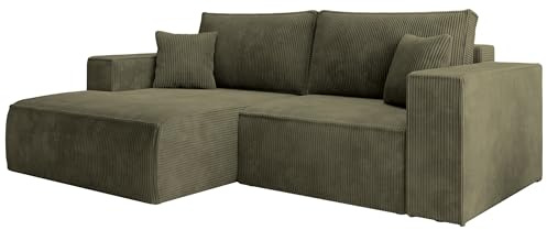 Selsey Ecksofa Olivgrün Sofa Mit Schlaffunktion Linksseitig Inkl. Bettkasten 240 x 167 cm Und Abnehmbare Rückenkissen Kleines Couch Sofa Modular Ottomane Kompakt Für Kleine Wohnräume Cord Bezug