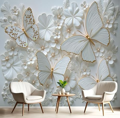 3D Schmetterling Blumen Fototapete 3D, Tier Papier Skulptur Wandtapete Schlafzimmer, Beige Tapete Wanddekoration, Büro Wandbild, Kinderzimmer Fototapete, Wanddekoration 250X175Cm