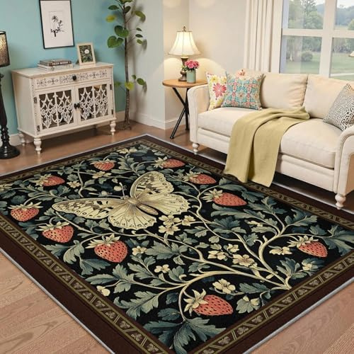MOKOSAISE Dunkler Teppich Schmetterling und Erdbeermuster für das Wohnzimmer 180x240cm weicher waschbarer floraler botanischer Teppich im Landhausstil für das Schlafzimmer