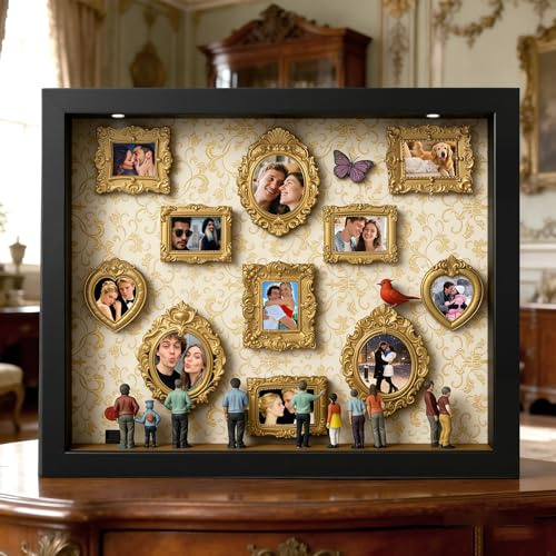 Miniature Museum Bilderrahmen Personalisiert mit Unser Foto, DIY „Museum of Us“ Schattenbox Box mit Vintage Mini-Rahmen Figuren LED-Licht, Personalisierte Fotogeschenke zum Valentinstag für ihn & sie