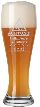 LUXENTU Weizenglas mit Gravur, Freilaufender Rentner-Motiv, 0,5 l, 1 Stück | Personalisiertes Kristall- & Hefeweizenglas für Renteneintritt, offizielle Eichung, spülmaschinenfest
