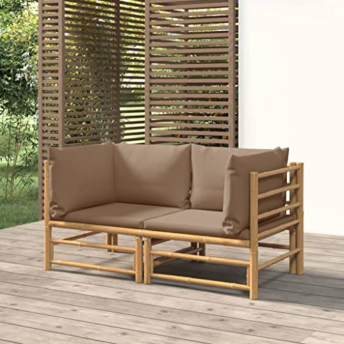 YNGBHFNOP Canapé d'angle extérieur en Bambou 2 pièces avec Coussins Taupe, Salon de Jardin modulaire Confortable pour terrasse et Balcon, Meuble Durable