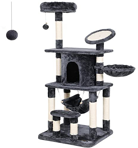 FEANDREA Árbol para Gatos Rascador con Caseta Lujosa Plataforma Redonda con Borde Curvado Postes Recubiertos por Cuerda de Sisal para Afilamiento Color Antracita PCT25G