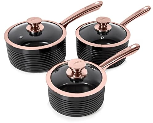 Tower T800001RB Linear Non Stick Induction Saucepans Sets With Lids, Easy Clean, Black and Rose Gold, 3 Piece Set, 16/18/20 cm
