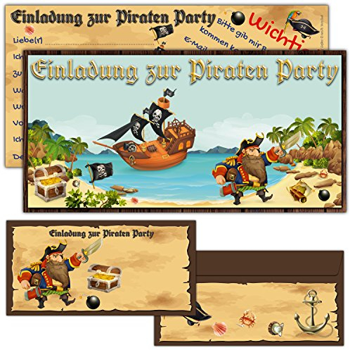 BREITENWERK 12er Karten-Set Piraten Einladungskarten inklusive Umschläge - Geburtstag-Einladungen für Jungen/Mädchen Kindergeburtstag Party