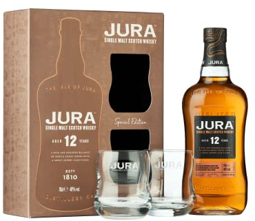 JURA - 12 Ans Coffret Whisky + 2 Verres - Whisky Single Malt - Notes de Chocolat Noir & D'Agrumes - Origine : Écosse/Jura - 40% Alcool - 70 cl