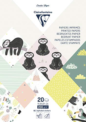 Clairefontaine 95280C - Bloc de 20 Feuilles à Motifs en Papier Cartonné 200g + Stickers Alphabet + Étiquettes à découper - Format A5 (14,8x21cm) – Papier Scrapbooking Loisirs Créatifs - Paresseux