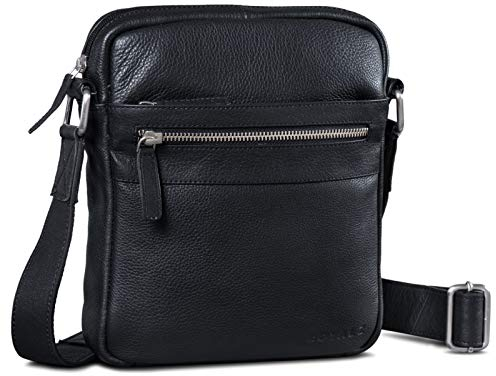 ROYALZ 'Trenton' Kompakte Herren Umhängetasche Leder Klein - Alltagstasche im stilvollen Vintage Design Seitentasche Männer-Tasche Schultertasche Ledertasche zum Umhängen, Farbe:Schwarz