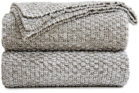 Longhui bedding Strickdecke für Couch, weich, gemütlich, maschinenwaschbar, 100% Baumwolle, Sofadecke, schweres Gewicht 1,7 kg, inklusive Wäschesack, Grau und Weiß