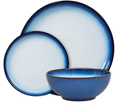 Denby - Blue Haze Dinner Set For 4 - 12 Piece Ceramic Coupe Tableware Set - Dishwasher Microwave Safe Crockery Set - 4 x Dinner Plate, 4 x Small Plate, 4 x Cereal Bowl