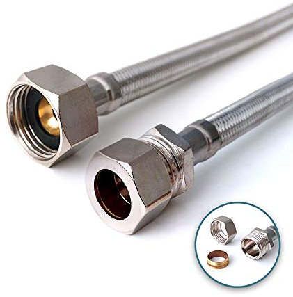Xcel Home WRAS Compression 15mm x 1/2 300mm Long Sink/Basin Monobloc Mixer Tap Connector | Stainless Steel Rust -Corrosion and Lead Free BSP Fitting Flexible Pipes Tails Suitable for Drinking Water