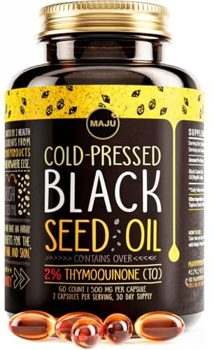 Maju Superfoods Black Seed Oil Capsules - Cold Pressed, 2% Thymoquinone, 100% Turkish Black Cumin Nigella Sativa Seed Oil, Liquid Pure Blackseed 60 Count, 500mg per Capsule