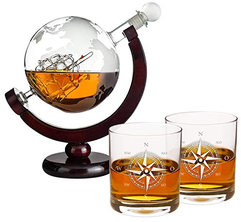 Whisky Karaffe Set | Whisky Geschenkset | Whiskey Geschenke für Männer | Weihnachtsgeschenke für Männer | Männergeschenke Opa Onkel | Globus Dekanter (2 Whiskygläser mit Gravur Kompass Silber)