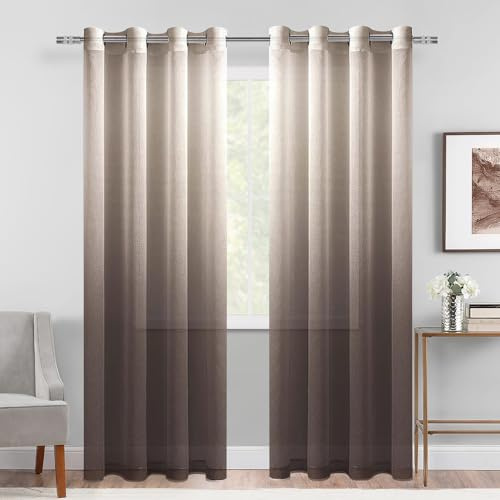 DWCN Faux Linen Ombre Sheer Vorhänge - Farbverlauf Halbvoile Ösen Top Fenster Vorhänge für Schlafzimmer und Wohnzimmer Set von 2 Panels, 132 x 213 cm lang, Schokoladenbraun