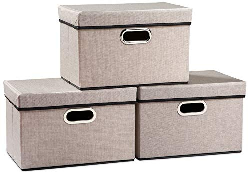 PRANDOM Aufbewahrungsbox mit Deckel,Faltbarer Leinen Stoff Aufbewahrungsboxen, Aufbewahrungskorb mit Griff,Dekorative Stapelboxen,Organizer Container,Hellgrau[3-stück] 38x25x25cm
