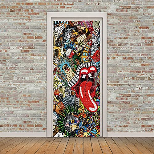 A.Monamour Türtapete Selbstklebend Türfolie Türposter 3D Musik Collage Auf Einer Mauer Graffiti Abstrakte Kunst Vinyl Folie Türdeko Tapete Wandbild Türaufkleber Türtattoo 95 x 215 cm