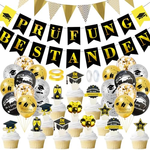 Prüfung Bestanden Deko Abschluss Deko Set Banner Girlande Luftballon Graduation Party Dekoration 2024 ABI Abitur Bachelor Deko Ballon Kuchendeko Abschlussfeier Deko für Graduation Party