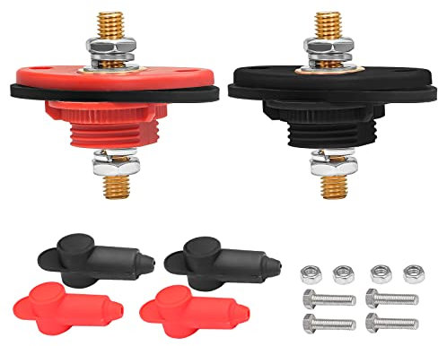 Recoil BTTP-38 Premium High Current 3/8” Feed-Thru Panel Battery Terminal Connectors with Silicone Terminal Covers, Red & Black Pair