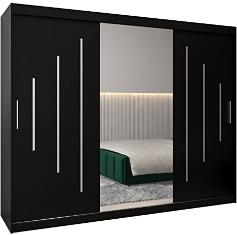 MEBLE KRYSPOL York 1 250 Schlafzimmerschrank mit DREI Schiebetüren, Spiegel, Kleiderstange und Regalen – 250x200x62cm - Mattschwarz