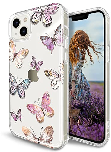JIAXIUFEN Clear Case Compatible with iPhone 14 Gold Plating Butterfly Design Protective Shockproof Slim TPU Military Drop Protection Girl Women Phone Case 6.1 2022 Colourful