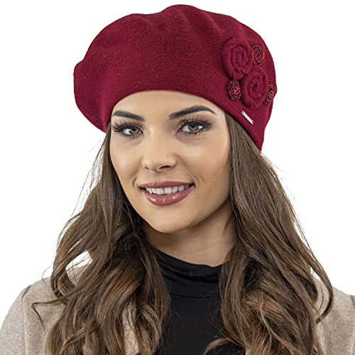 VIVISENCE Baskenmütze Damen Winter Elegante Mit Klassischem Herbst Frauen Mütze Schnitt Warmer Wollmischung Floraler Applikation Perfekter Passform Ideal Für Kalte Tage Modell, Weinrot,Einheitsgröße