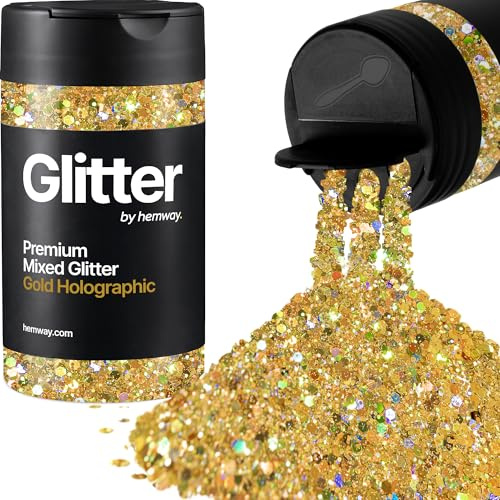 Hemway Gold Holographic Mix Glitter Shaker, 110g Mixed Size Glitter | for Resin & Epoxy Crafts for Decorating, Halloween, Christmas, Nail, Face, Art
