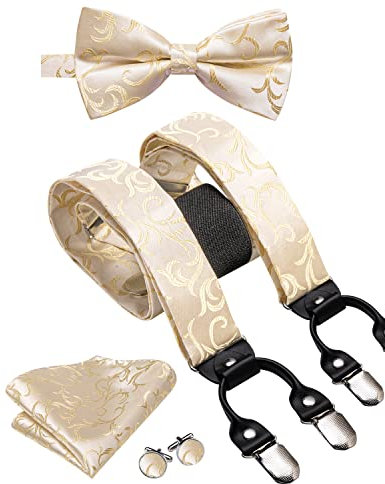 Dubulle Herren Clips Hosenträger und vorgebundene Fliege Set mit Einstecktuch Y-Form verstellbare Hosenträger, Beige / Blumen