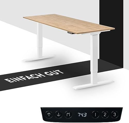 boho office® Höhenverstellbarer Schreibtisch 150 x 60 cm - Elektrisch stufenlos, 2 Motoren, 2-Fach Teleskop, Kollisionsschutz, USB-Anschlüsse - Homedesk Eco Weiß inkl. Tischplatte in Wildeiche