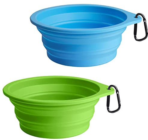 PetBonus Hundenäpfe Faltbar Hundenapf, 2 Stück Silikon Wassernapf für Hunde Unterwegs, Tragbar Auslaufsichere Reisenäpfe mit Karabiner für Hunde Katzen für Wasser und Futter (Hellblau, Hellgrün)