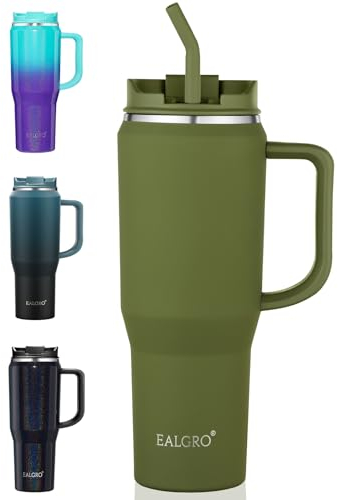 EALGRO Trinkbecher mit Griff, isolierter Becher mit Deckel und Strohhalm, große Metall-Sport-Wasserflasche, Thermobecher, Edelstahl, Reise-Kaffeebecher, 1,2 l, Armeegrün
