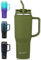 EALGRO Trinkbecher mit Griff, isolierter Becher mit Deckel und Strohhalm, große Metall-Sport-Wasserflasche, Thermobecher, Edelstahl, Reise-Kaffeebecher, 1,2 l, Armeegrün