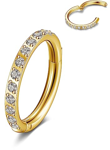 JSDDE Gold Helix Piercing aus Edelstahl, Nasenpiercing Ring mit Zirkonia, Septum Piercing, Conch Daith Knorpel Piercing Ring, Segmentring Clicker Lippenpiercing Ring 8mm
