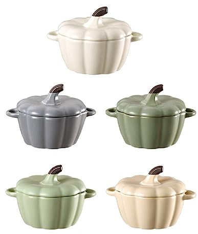 Confezione da 5 pirottini in ceramica con coperchio e manico, 255 g, piatti da soufflé in porcellana a forma di zucca, per forno, microonde, lavastoviglie
