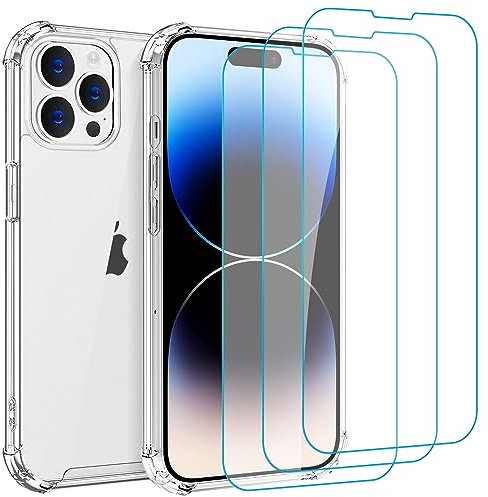 Whioltl Hülle für iPhone 14 Pro Max mit 3 Stück Schutzfolie, 4 in 1 Durchsichtige Kratzfest Stoßfest Handyhülle, Rundumschutz Nicht Vergilbend Schutzhülle, Transparent Weiches Case