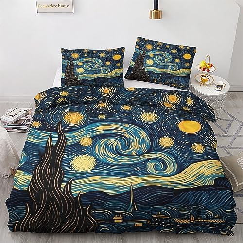 GEDAEUBA Sternennacht Van Gogh Bettwäsche 135x200 - ölgemälde Bettbezug 135 x 200 2er Set, Wendebettwäsche und Kissenbezug 80x80, Weiche & Angenehme Mikrofaser Bettwäsche-Sets mit Reißverschluss