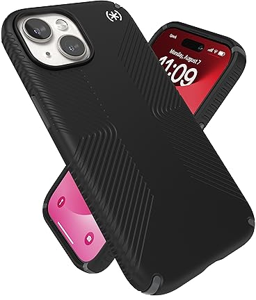 Speck MagSafe Schutzhülle für iPhone 15, schlankes Design, kompatibel mit iPhone 14 und 13, Presidio2 Grip, Schwarz/Schiefergrau/Weiß