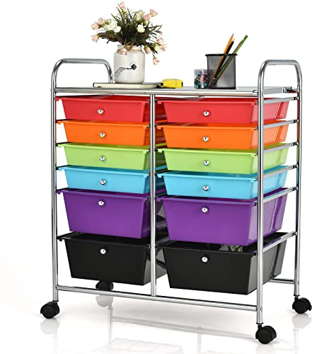 COSTWAY Rollwagen mit 12 stapelbaren Schubladen, Schubladenwagen Rollcontainer mit Metallgestell und Ablagefläche, Badrollwagen Aufbewahrungswagen für Büro, Wohnzimmer (Bunt)