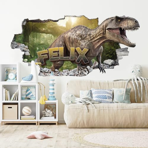 tjapalo® vz22N 3D Wandtattoo Kinderzimmer Name Deko Jungenzimmer Dino Wandtattoo T-Rex Wandsticker Kinderzimmer junge Name wandbilder dinosaurier, Größen Name: B50xH24cm
