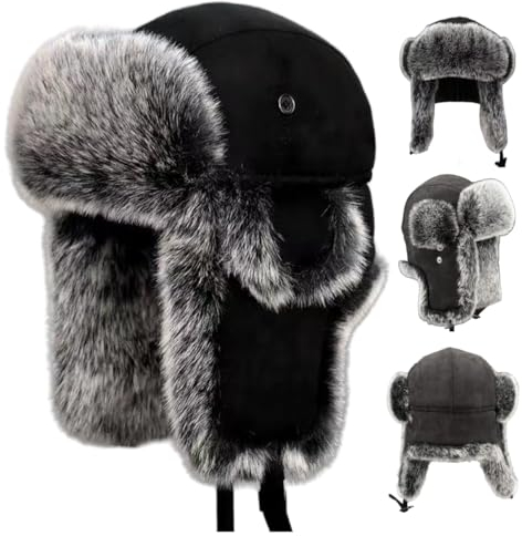 OSMARI Unisex Wildleder Pilotenhut Trappermütze Russische Mütze Wintermütze Bombermützen für Herren, winddichte Kunstfellmütze mit Ohrenklappen für Radfahren, Camping, Wandern, Schwarz ,