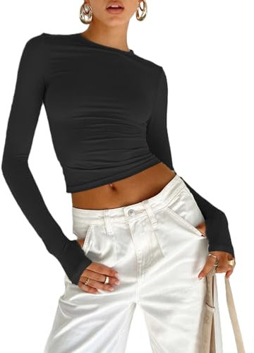 Flintronic Women's Long Sleeve Scoop Neck Slim Fitted Basic T-Shirt Crop Top Blouse Aesthetic Streetwear - Black/L
