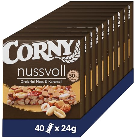 Nussriegel Corny Nussvoll Dreierlei Nuss & Karamell | 3 Nusssorten | 40x24g | Über 50% Nüsse | Große Nuss-Stücke | Für kleine Pausen & zwischendurch | Alternative zu Studentenfutter | Natürlich knackig