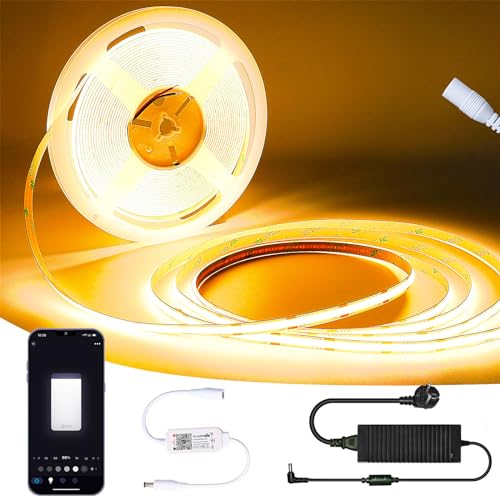 10M Wifi Intelligente COB LED Streifen 2700K Warmweiß,384LEDs/M DC12V,CRI90+,4270lm,Band Lichtleiste Arbeitet mit Google Home Assistant/Alexa,CRI90+ helles LED Strip mit Wifi Dimmer und GS Netzteil