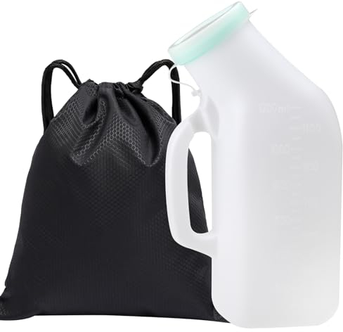 Urinflaschen für Männer 1200ML Urinflasche für Männer mit Schwarz Wasserdichter Aufbewahrungsbeutel mit Kordelzug Pinkelflasche mit Verschluss für Unterwegs Bettflasche Urin