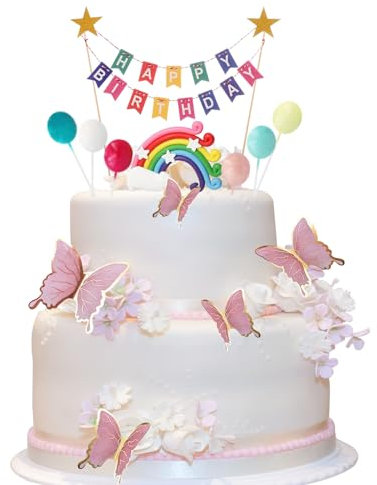 Happy Birthday Kuchen Topper Bunting Set mit Regenbogen Dekorationen und bunten Ballon Cupcake Toppers für Kinder Geburtstagsfeier. Enthält Schmetterlings- und Cake-Topper-Deko